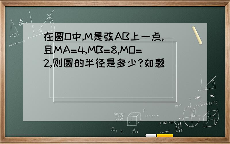 在圆O中,M是弦AB上一点,且MA=4,MB=8,MO=2,则圆的半径是多少?如题