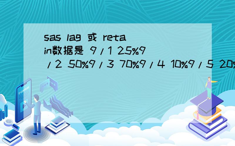 sas lag 或 retain数据是 9/1 25%9/2 50%9/3 70%9/4 10%9/5 20%9/6 32%9/7 18%我想得出的结果是 取3天的平均数 去分别比较第4,5,6,7号 的 值 ,如果差别大于20% 就等于 true.以此类推,再取下一组 3天 分别比较 第5,6