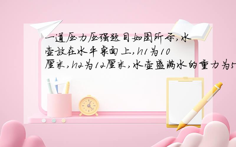 一道压力压强题目如图所示,水壶放在水平桌面上,h1为10厘米,h2为12厘米,水壶盛满水的重力为50牛,壶底面积为20厘米2.求：（1）水对壶底的压强（2）盛满水的水壶对桌面的压强把问题打入白度