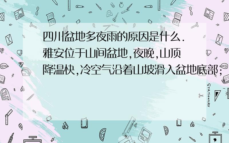 四川盆地多夜雨的原因是什么.雅安位于山间盆地,夜晚,山顶降温快,冷空气沿着山坡滑入盆地底部；（2分）盆地暖空气被迫抬升,成云致雨.（2分）就答案来看,山顶冷空气下沉,盆地暖空气上升