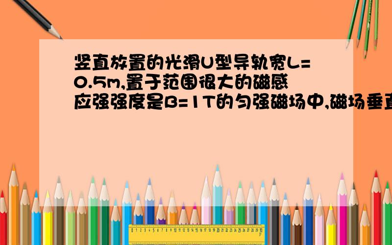 竖直放置的光滑U型导轨宽L=0.5m,置于范围很大的磁感应强强度是B=1T的匀强磁场中,磁场垂直于导轨平面,如图所示,质量为m=10g的金属杆ab,无初速度释放后,紧贴导轨下滑（始终能处于水平位置）