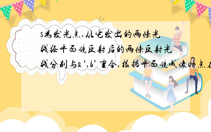 s为发光点,从它发出的两条光线经平面镜反射后的两条反射光线分别与a‘,b’重合,根据平面镜成像特点在图中画出平面镜并找出s在平面镜里的像s‘