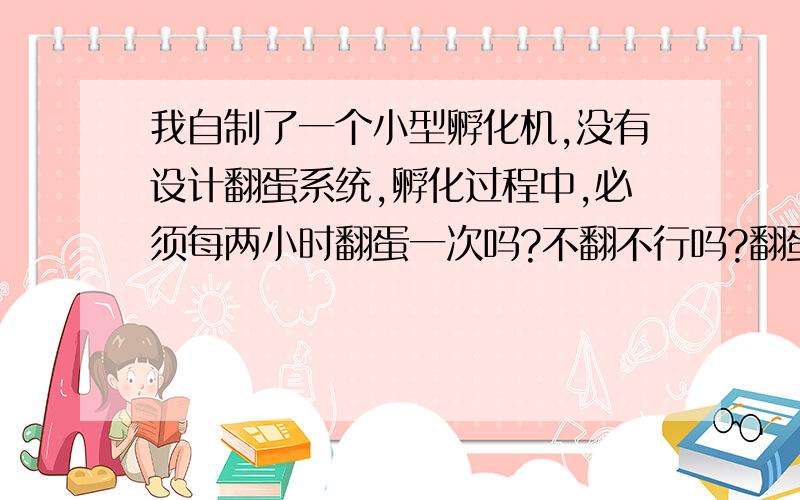 我自制了一个小型孵化机,没有设计翻蛋系统,孵化过程中,必须每两小时翻蛋一次吗?不翻不行吗?翻蛋是我自制了一个小型孵化机,没有设计翻蛋系统,孵化过程中,必须每两小时翻蛋一次吗?不翻