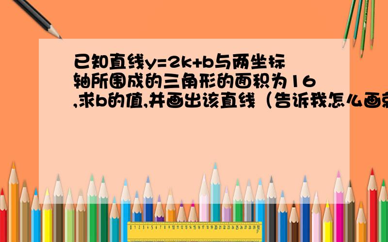 已知直线y=2k+b与两坐标轴所围成的三角形的面积为16,求b的值,并画出该直线（告诉我怎么画就行,马上!我急用!）