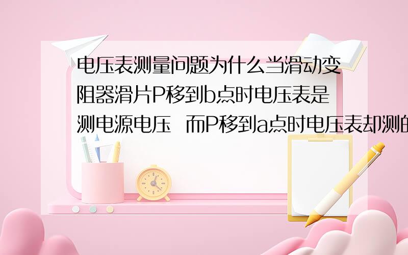 电压表测量问题为什么当滑动变阻器滑片P移到b点时电压表是测电源电压  而P移到a点时电压表却测的是光敏电阻的电压.我觉得滑到b点时电压表应该也是测光敏电阻的