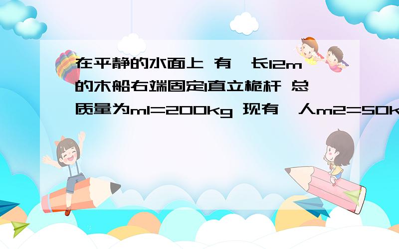 在平静的水面上 有一长12m的木船右端固定1直立桅杆 总质量为m1=200kg 现有一人m2=50kg 在木船左端,开始时都静止 若人匀加速向右奔跑到右端抱住桅杆 经历时间2s 传运动中受到水的阻力是船（