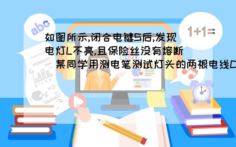 如图所示,闭合电键S后,发现电灯L不亮,且保险丝没有熔断．某同学用测电笔测试灯头的两根电线C,D,发现这两处都能使测电笔的氖管发光,再用测电笔测试火线A和零线B时,氖管在测火线A时能发