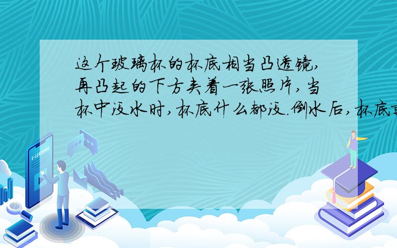 这个玻璃杯的杯底相当凸透镜,再凸起的下方夹着一张照片,当杯中没水时,杯底什么都没.倒水后,杯底就出现了照片的像,请说出其中道理.