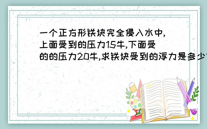 一个正方形铁块完全侵入水中,上面受到的压力15牛,下面受的的压力20牛,求铁块受到的浮力是多少?