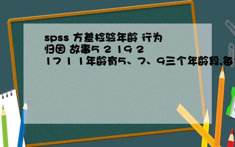 spss 方差检验年龄 行为归因 故事5 2 19 2 17 1 1年龄有5、7、9三个年龄段,每个年龄段大概有30人,行为归因有4个,故事有2个,我的这个数据怎么检验三个年龄组的儿童,对行为归因是否有显著性差异