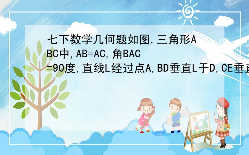 七下数学几何题如图,三角形ABC中,AB=AC,角BAC=90度,直线L经过点A,BD垂直L于D,CE垂直L于D,CE垂直L与E1 请你通过观察,测量,猜想并写出DE,BD,CE所满足的数量关系,然后证明你的猜想2若M为BC中点,连接MD,ME