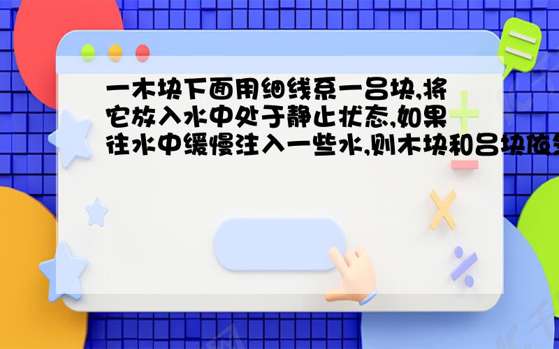 一木块下面用细线系一吕块,将它放入水中处于静止状态,如果往水中缓慢注入一些水,则木块和吕块依然静止如果是用手按下去一些,按照经历应该是回到原位?但是为什么?按下去浮力没增大吧?