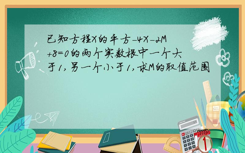 已知方程X的平方-4X-2M+8=0的两个实数根中一个大于1,另一个小于1,求M的取值范围