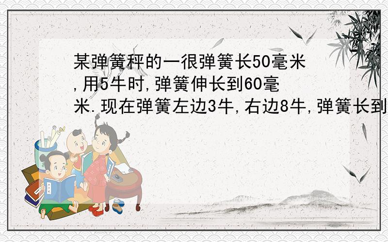 某弹簧秤的一很弹簧长50毫米,用5牛时,弹簧伸长到60毫米.现在弹簧左边3牛,右边8牛,弹簧长到--------毫米