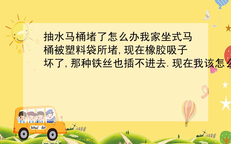 抽水马桶堵了怎么办我家坐式马桶被塑料袋所堵,现在橡胶吸子坏了,那种铁丝也插不进去.现在我该怎么办啊!橡胶吸子买了也没用,还有各位拜托你们发点实际的,别成天说什么放泥鳅啊放老鼠