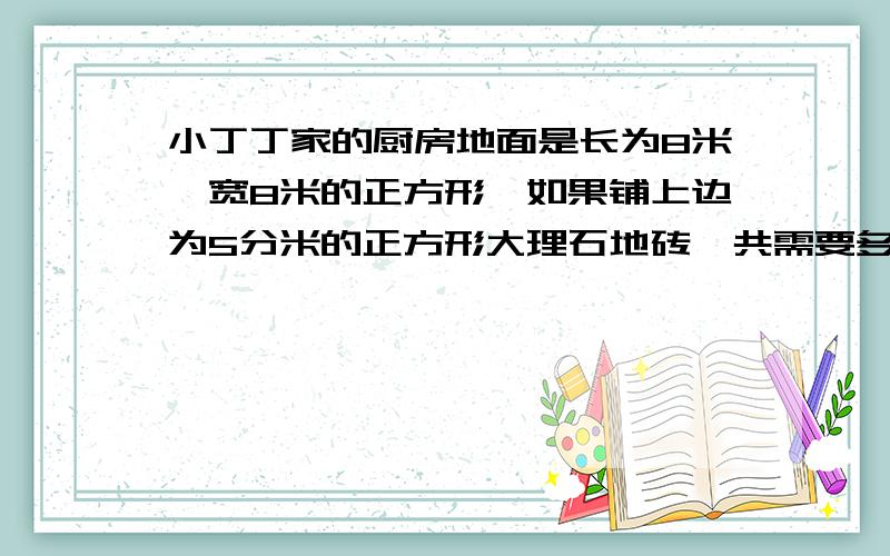 小丁丁家的厨房地面是长为8米,宽8米的正方形,如果铺上边为5分米的正方形大理石地砖,共需要多少块?