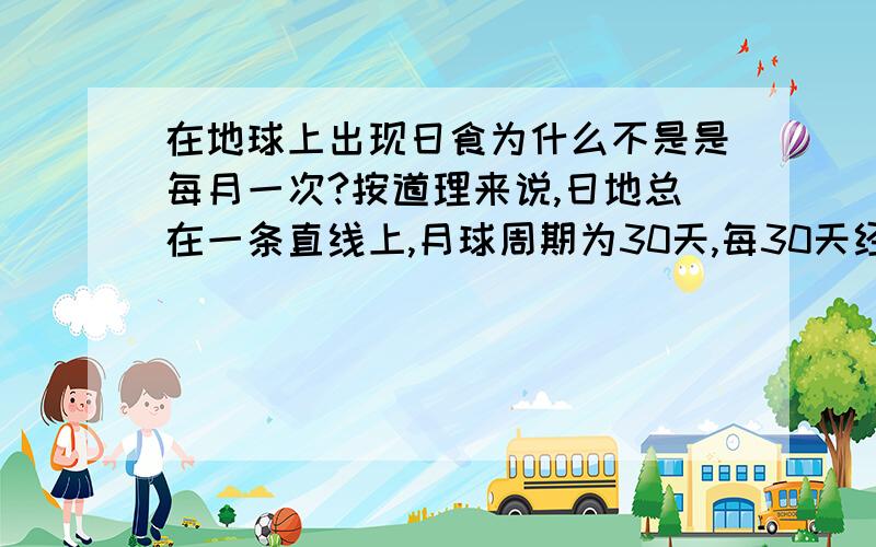 在地球上出现日食为什么不是是每月一次?按道理来说,日地总在一条直线上,月球周期为30天,每30天经过日地连线之间一次,可是为什么日食不是月月都有?