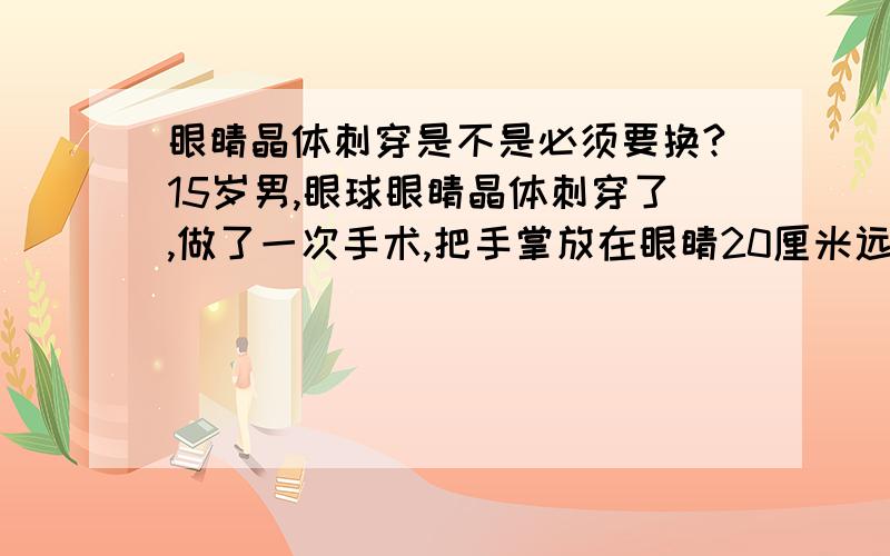 眼睛晶体刺穿是不是必须要换?15岁男,眼球眼睛晶体刺穿了,做了一次手术,把手掌放在眼睛20厘米远处,模模糊糊看清4支或5支手指不确定,非常模糊好像,是不是必须要换?只能悬赏30了,我的财富