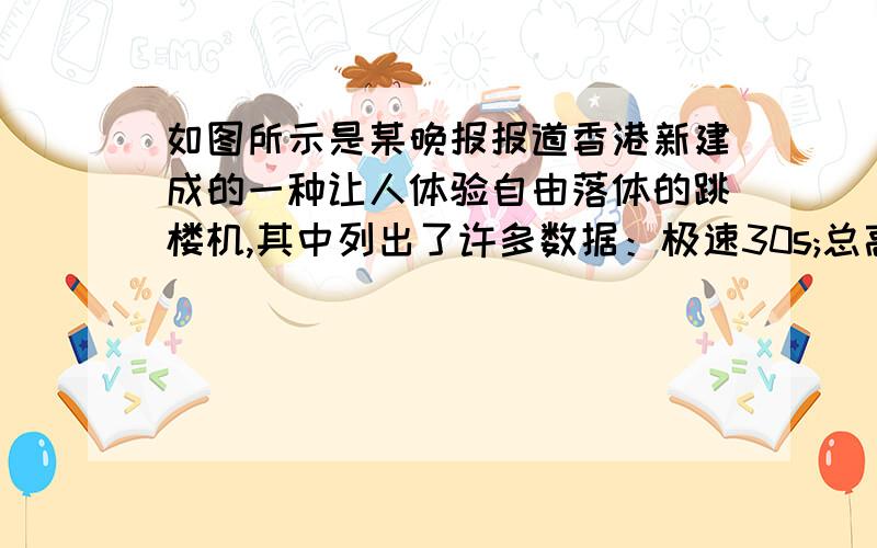 如图所示是某晚报报道香港新建成的一种让人体验自由落体的跳楼机,其中列出了许多数据：极速30s;总高度60m；乘载12人；最大时速45英里（1英里=1609m,此速度相当于20m/s）;只有1min时间.请你判