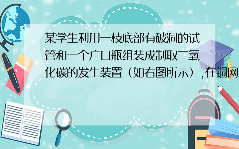 某学生利用一枝底部有破洞的试管和一个广口瓶组装成制取二氧化碳的发生装置（如右图所示）,在铜网上应盛放_________,广口瓶中应盛放_________.若将铜网换成铁网,那么产生的后果是____________