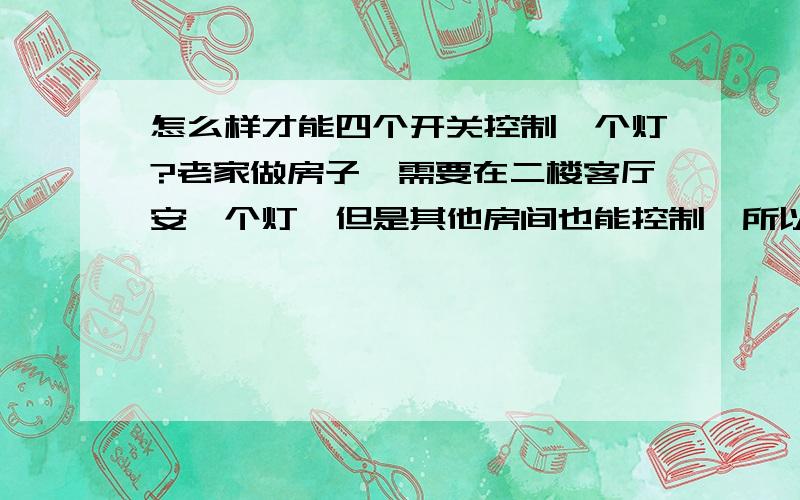 怎么样才能四个开关控制一个灯?老家做房子,需要在二楼客厅安一个灯,但是其他房间也能控制,所以想四个开关能开关一个灯,