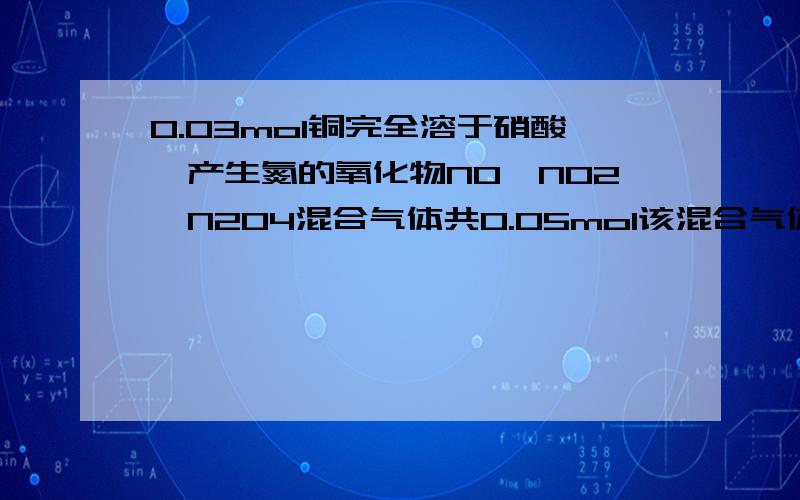 0.03mol铜完全溶于硝酸,产生氮的氧化物NO、NO2、N2O4混合气体共0.05mol该混合气体的平均相对分子质量可能是:(A) 30, （B）46,（C）50,（D）66可用极值法求解： （1）假设混合气体中无NO,则混合气体