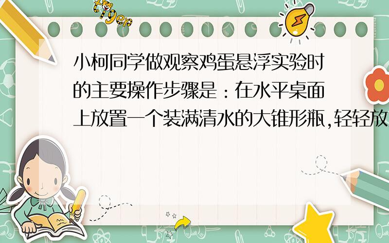 小柯同学做观察鸡蛋悬浮实验时的主要操作步骤是：在水平桌面上放置一个装满清水的大锥形瓶,轻轻放入～个质量为55克的鸡蛋,发现鸡蛋沉至容器底部,在放入鸡蛋的同时用溢水杯接收溢出