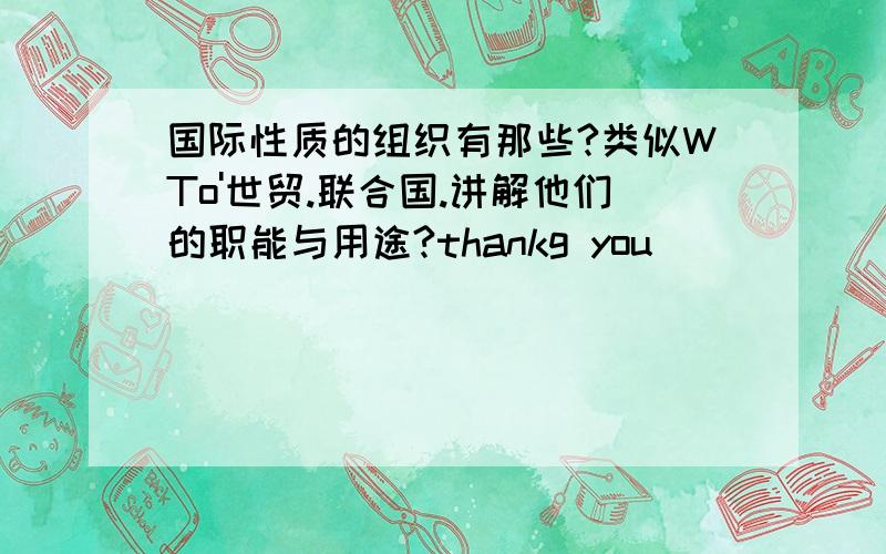 国际性质的组织有那些?类似WTo'世贸.联合国.讲解他们的职能与用途?thankg you