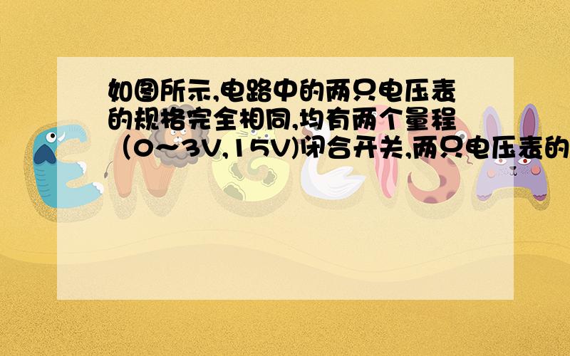 如图所示,电路中的两只电压表的规格完全相同,均有两个量程（0～3V,15V)闭合开关,两只电压表的指针偏转角度相同,则电阻R1与R2的比值为（ ）A、1：5 B、5：1C、1：4D、4：1