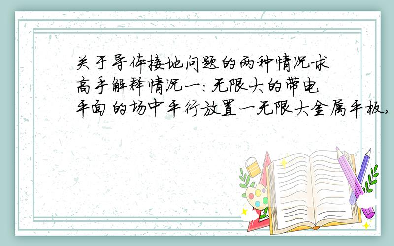 关于导体接地问题的两种情况求高手解释情况一：无限大的带电平面的场中平行放置一无限大金属平板,其中金属板的左表面接地,则可认为左表面电荷为零.情况二：接地导体球附近有一点电