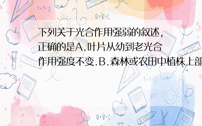 下列关于光合作用强弱的叙述,正确的是A.叶片从幼到老光合作用强度不变.B.森林或农田中植株上部叶片和下部叶片光合作用强度有差异.C.光合作用强度是由基因决定的,因此是固定不变的.D.在