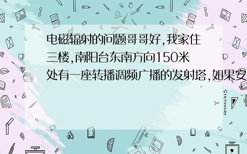 电磁辐射的问题哥哥好,我家住三楼,南阳台东南方向150米处有一座转播调频广播的发射塔,如果安一个孔径10CM左右的不锈钢护网并接地线,能有效屏蔽电磁辐射吗?