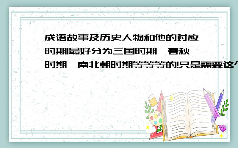 成语故事及历史人物和他的对应时期!最好分为三国时期,春秋时期,南北朝时期等等等的!只是需要这个成语!不需要大篇成语故事!如草船借箭——诸葛亮——三国!最晚周一!quickly!各个朝代的都