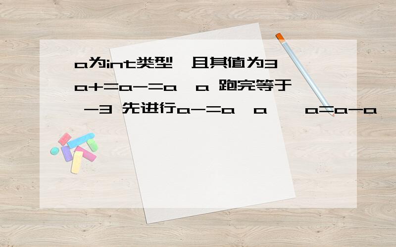 a为int类型,且其值为3,a+=a-=a*a 跑完等于 -3 先进行a-=a*a    a=a-a*a          a=-6此时a=-6a+=aa=a+a=-12我知道应该是这样算,我以前也是这么认为的,不过我跑了之后结果是-3是不是等于-3,为什么不是等于-12