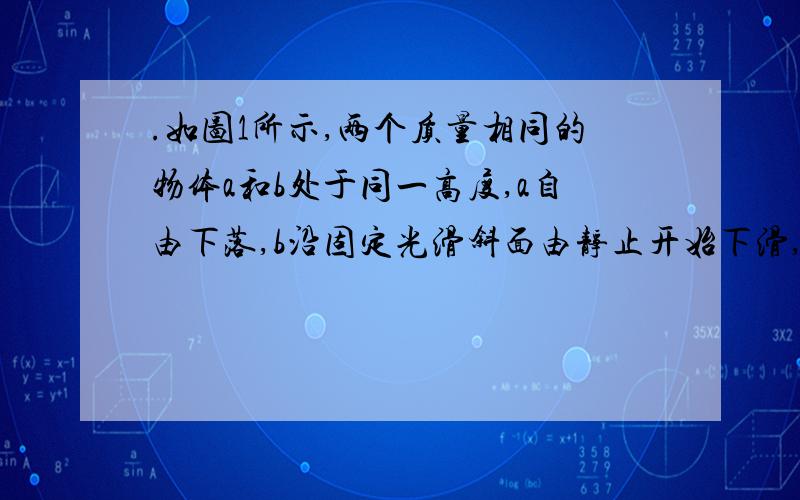 .如图1所示,两个质量相同的物体a和b处于同一高度,a自由下落,b沿固定光滑斜面由静止开始下滑,不计空气阻力.两物体到达地面时,下列表述正确的是A．a的速率大    B．b的速率大    C．动能相同