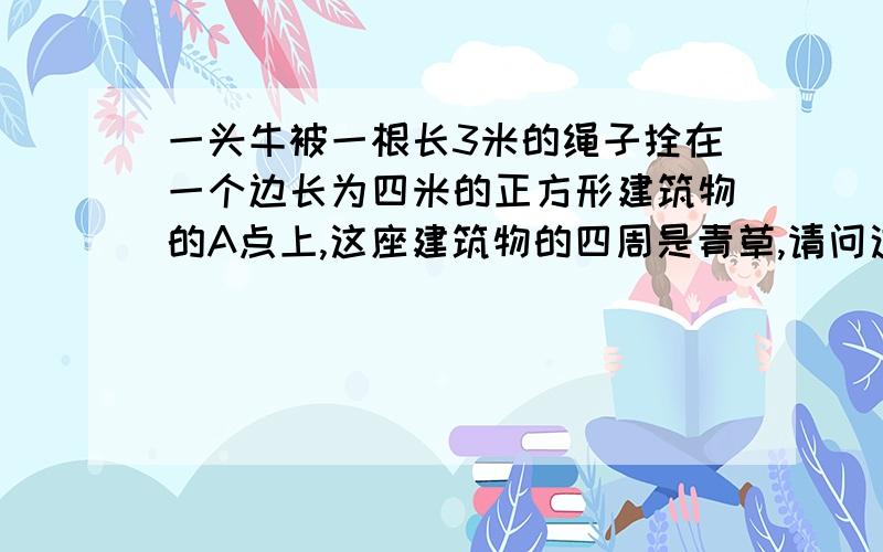 一头牛被一根长3米的绳子拴在一个边长为四米的正方形建筑物的A点上,这座建筑物的四周是青草,请问这头牛能吃到草地面积是多少平方米?丌≈3