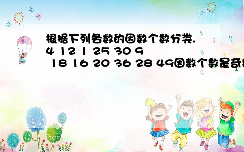 根据下列各数的因数个数分类.4 12 1 25 30 9 18 16 20 36 28 49因数个数是奇数个的数是（ ）因数个数是偶数个的数是（ ）我发现：（ ）(╯﹏╰）【我不懂啊!】