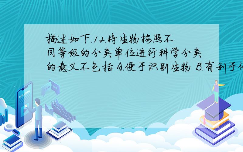 描述如下.12．将生物按照不同等级的分类单位进行科学分类的意义不包括 A．便于识别生物 B．有利于保护生物的栖息环境 C．是认识和保护生物多样性的基础 D．能在一定程度上反映不同类