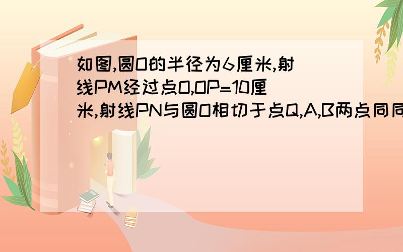 如图,圆O的半径为6厘米,射线PM经过点O,OP=10厘米,射线PN与圆O相切于点Q,A,B两点同同时从点P出来,点A以5厘米每秒的速度沿射线PM方向运动,点B以4厘米每秒的速度沿射线PN方向运动,设运动时间为t