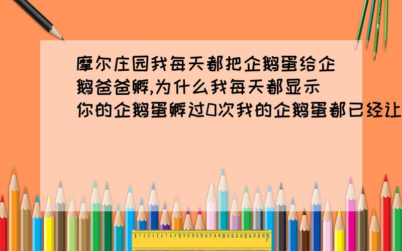 摩尔庄园我每天都把企鹅蛋给企鹅爸爸孵,为什么我每天都显示你的企鹅蛋孵过0次我的企鹅蛋都已经让企鹅爸爸孵三天了,但都显示你的企鹅蛋已经孵过0次.三天后不就孵完吗?我都已经3天啦!