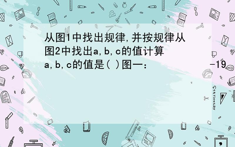 从图1中找出规律,并按规律从图2中找出a,b,c的值计算a,b,c的值是( )图一：          -19                                       -11       -8-5       -6       -2图二：         b     a       c-4      12      -14