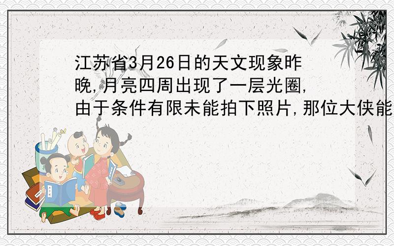 江苏省3月26日的天文现象昨晚,月亮四周出现了一层光圈,由于条件有限未能拍下照片,那位大侠能告诉我是怎么回事吗?