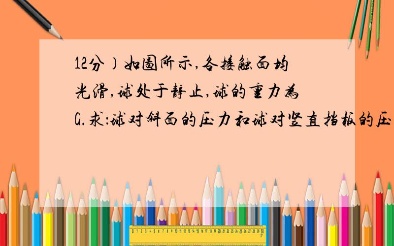 12分）如图所示,各接触面均光滑,球处于静止,球的重力为G.求：球对斜面的压力和球对竖直挡板的压力  请问  为什么不这么画受力分析 而要用 这种呢     （为什么不用这种而用