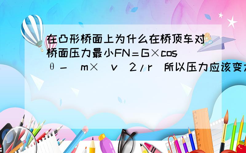 在凸形桥面上为什么在桥顶车对桥面压力最小FN＝G×cosθ－[m×(v)2/r]所以压力应该变大才对啊