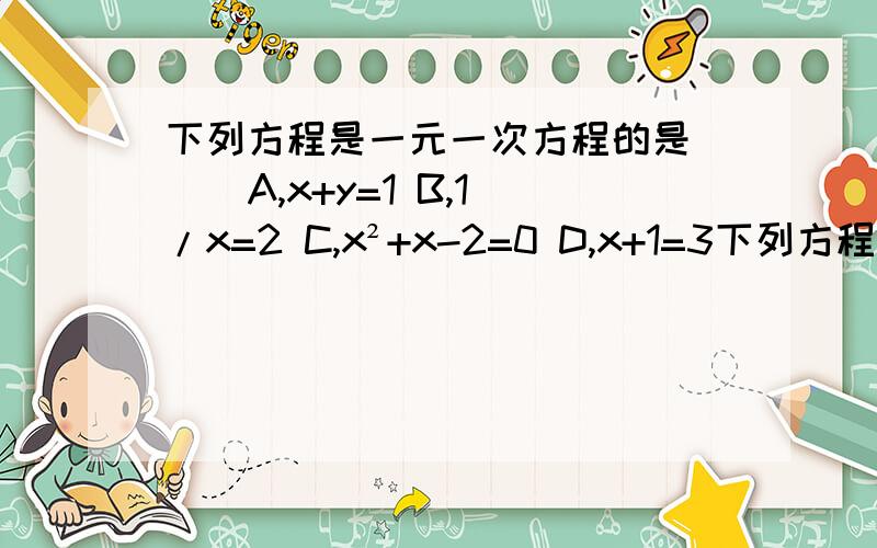 下列方程是一元一次方程的是（ ） A,x+y=1 B,1/x=2 C,x²+x-2=0 D,x+1=3下列方程是一元一次方程的是（ ）A,x+y=1 B,1/x=2 C,x²+x-2=0 D,x+1=3