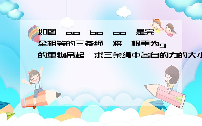 如图,ao,bo,co,是完全相等的三条绳,将一根重为g的重物吊起,求三条绳中各自的力的大小.